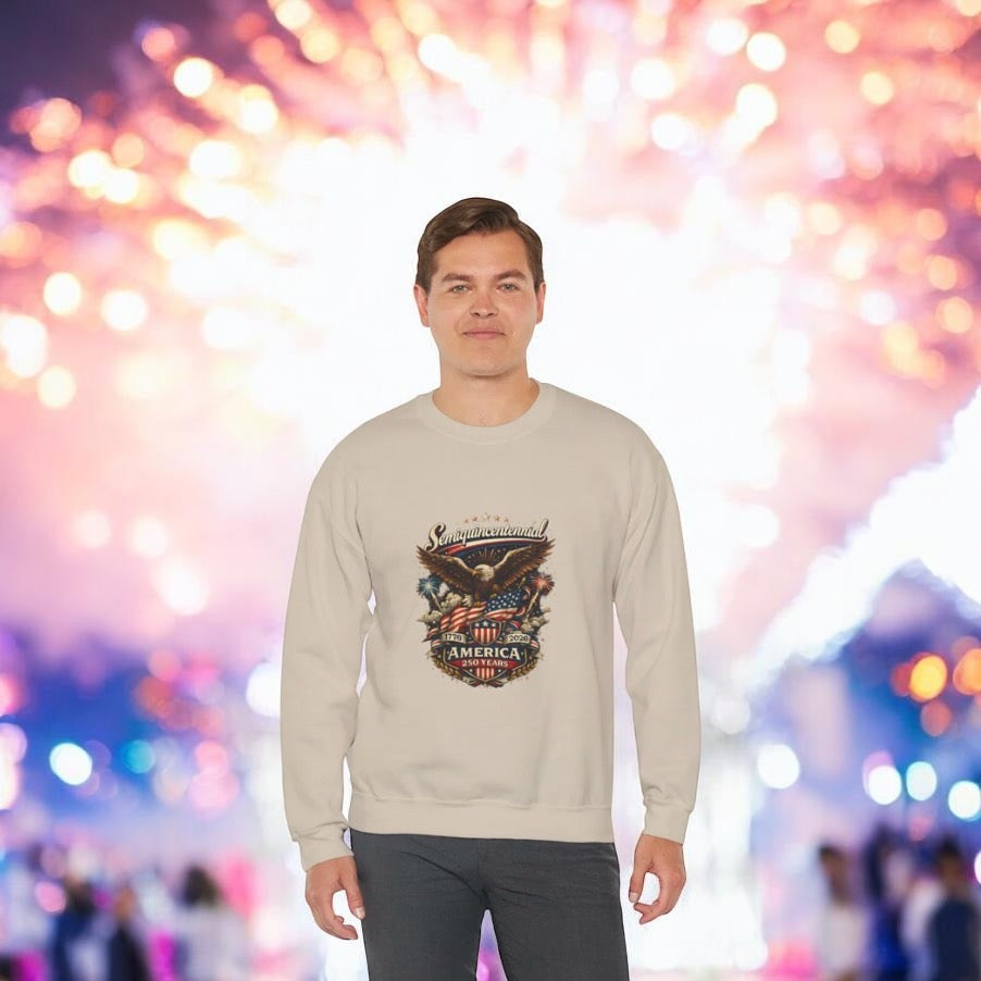 Semiquincentennial 1776–2026 America 250 sweatshirt featuring patriotic eagle and American flag design celebrating the 250th anniversary of the United States