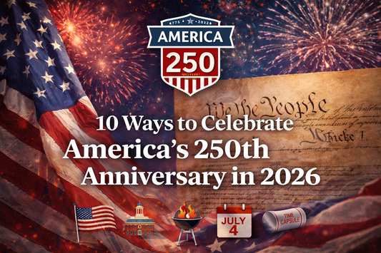 Patriotic America 250 celebration banner with fireworks, American flag, and historic imagery for the United States’ 250th anniversary in 2026.
