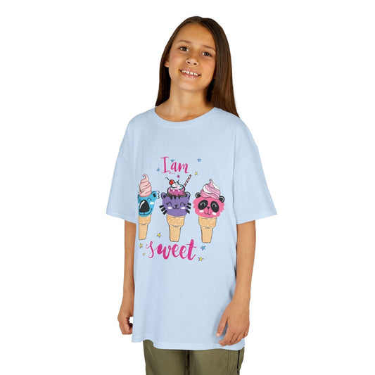 irl wearing light blue ‘I Am Sweet’ ice cream cartoon graphic t-shirt – cute kids ice cream shirt, fun pastel graphic tee for girls.