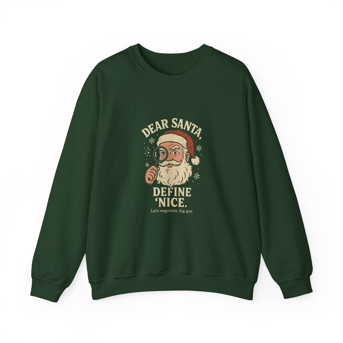 Funny Christmas sweatshirt with vintage Santa illustration and the phrase “Dear Santa, Define Nice.” Cozy dark green holiday sweater perfect for festive gifting and winter humor.