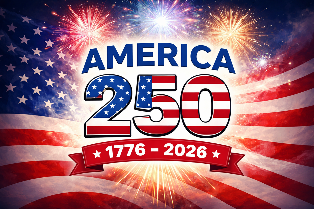 America 250 graphic featuring 1776–2026 patriotic design with American flag and fireworks celebrating the United States 250th anniversary Semiquincentennial