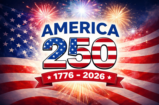 America 250 graphic featuring 1776–2026 patriotic design with American flag and fireworks celebrating the United States 250th anniversary Semiquincentennial