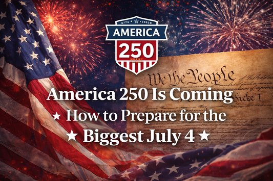 Patriotic America 250 banner with fireworks, U.S. flag, and Declaration of Independence celebrating the upcoming 250th anniversary in 2026.
