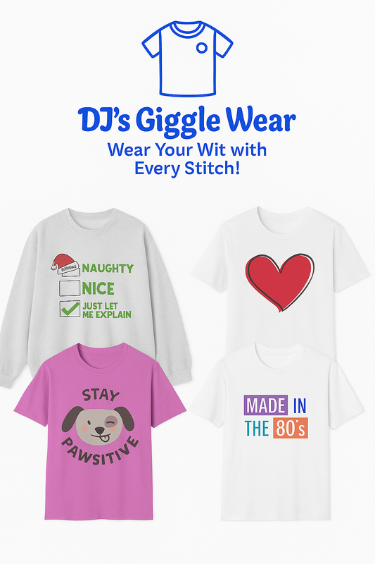 DJ’s Giggle Wear promo image showing four products: a Naughty Nice Just Let Me Explain Christmas sweatshirt, a pink Stay Pawsitive dog shirt, a white heart graphic tee, and a Made in the 80’s retro shirt, with the DJ’s Giggle Wear logo above.