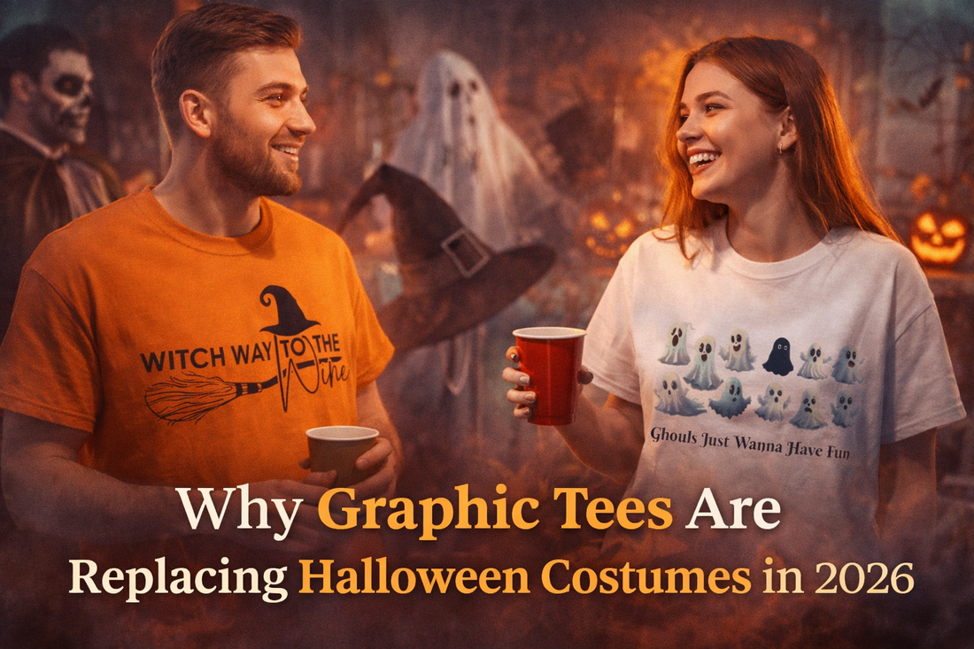 Couple wearing funny Halloween graphic tees including “Witch Way to the Wine” and “Ghouls Just Wanna Have Fun” at a festive 2026 Halloween party