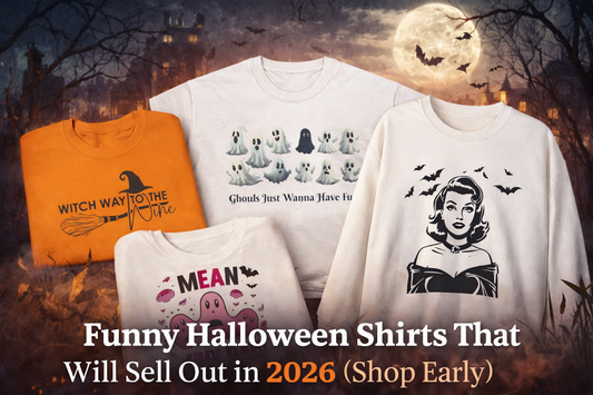 Funny Halloween shirts for 2026 featuring ghost, witch, and retro designs by DJ’s Giggle Wear — trending graphic tees expected to sell out early.