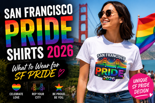 San Francisco Pride 2026 shirt with rainbow Golden Gate Bridge graphic for LGBTQ Pride events.