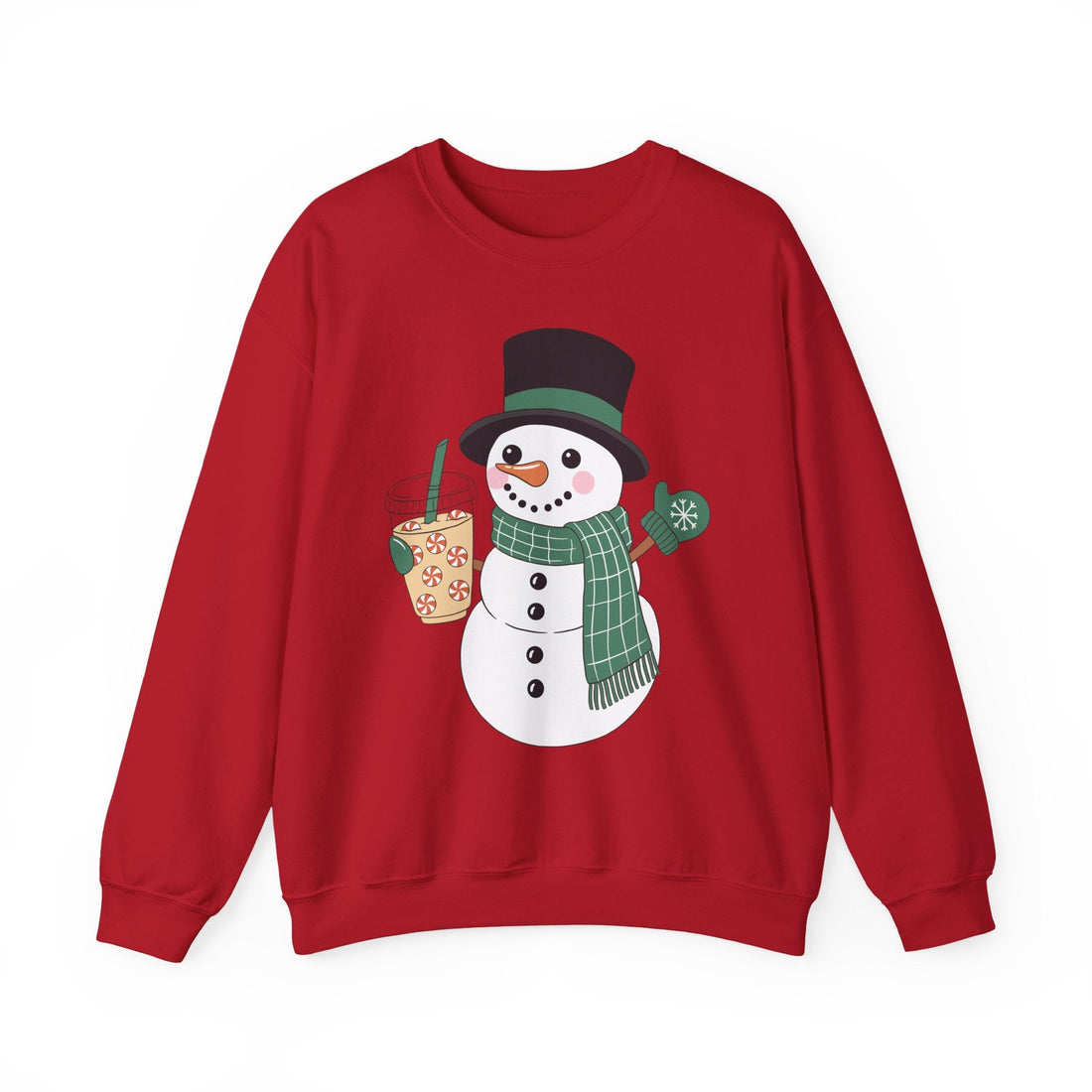 Red holiday sweatshirt with a cute snowman holding a peppermint drink, wearing a top hat, scarf, and mittens. Festive Christmas pullover design.