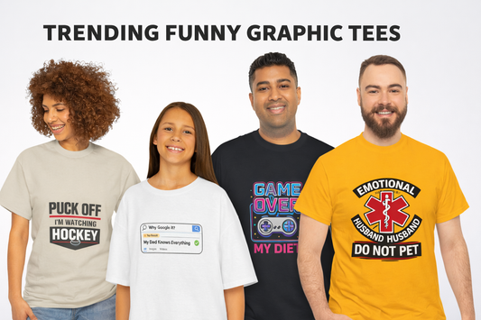 Trending funny graphic tees from DJ’s Giggle Wear including hockey humor shirt, dad joke tee, gamer diet shirt, and emotional support husband shirt