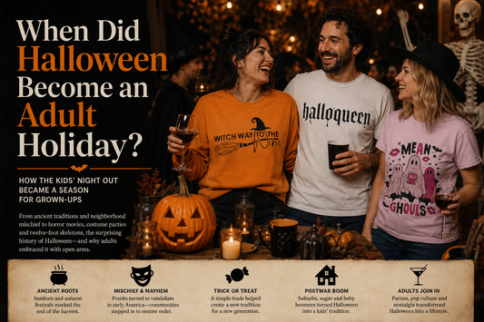 Adults celebrating Halloween in graphic shirts for an article exploring how Halloween became an adult holiday
