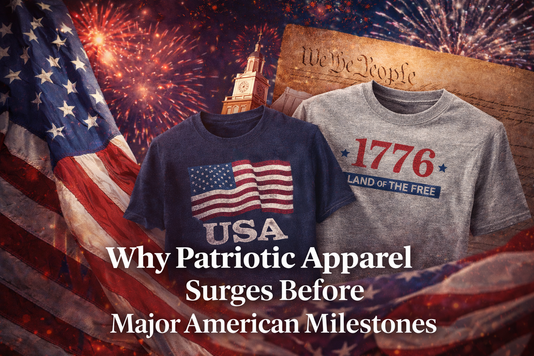 Patriotic America 250 apparel featuring USA and 1776 shirts against fireworks and the American flag celebrating the Semiquincentennial.