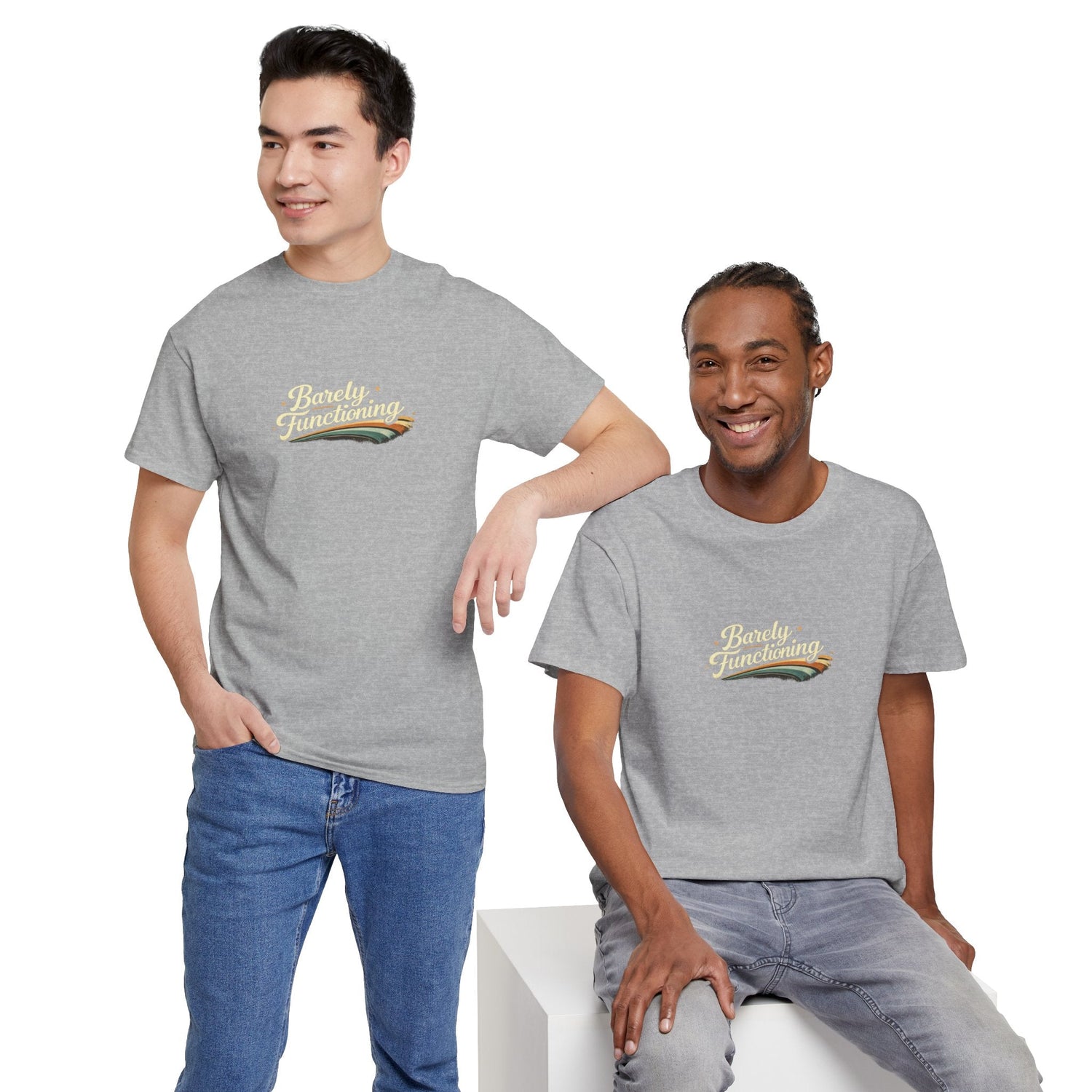 Men modeling gray “Barely Functioning” funny graphic tee — a relatable humor shirt perfect for adults balancing work, life, and burnout.