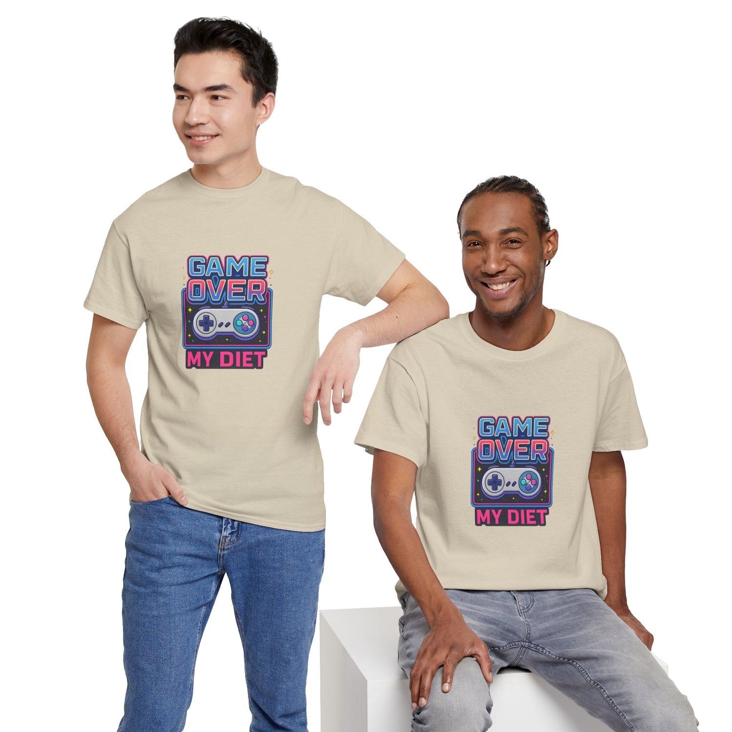 Two men modeling Game Over My Diet funny gamer shirt with retro gaming controller graphic