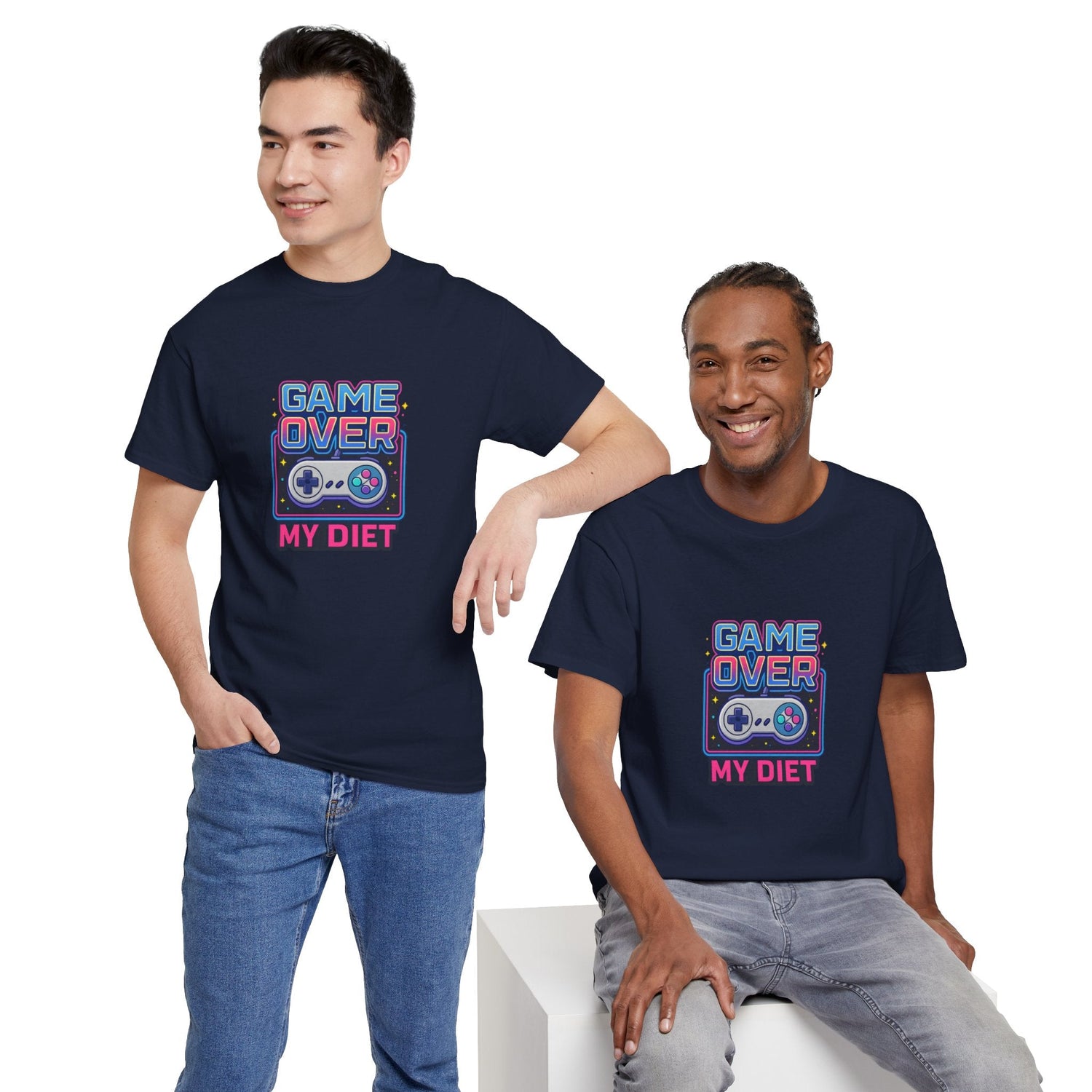 Two models wearing a navy “Game Over My Diet” funny gamer graphic t-shirt, a humorous novelty tee for gamers and food lovers.