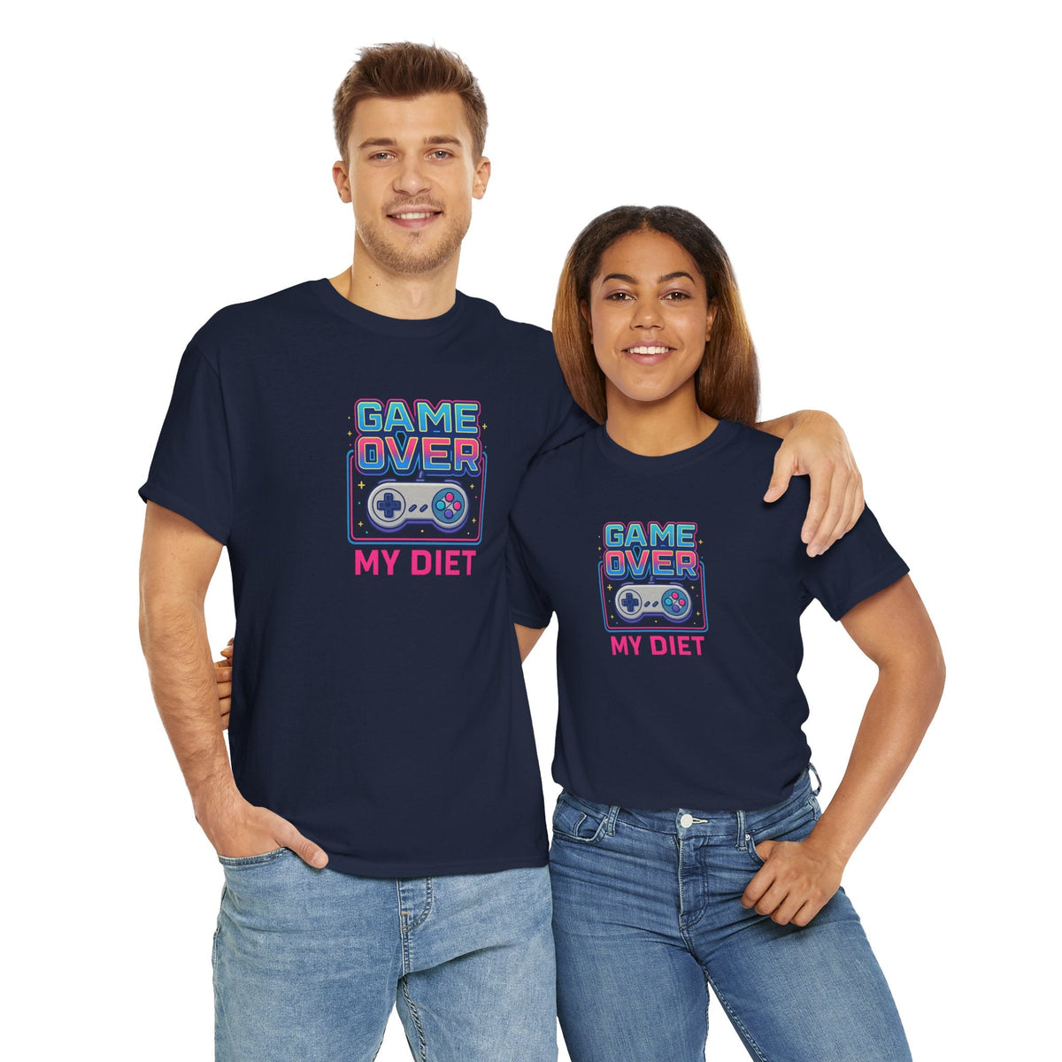 Man and woman wearing matching navy blue graphic tees with the design ‘Game Over My Diet,’ featuring a retro video-game controller. Funny gaming t-shirt for couples or gamers.