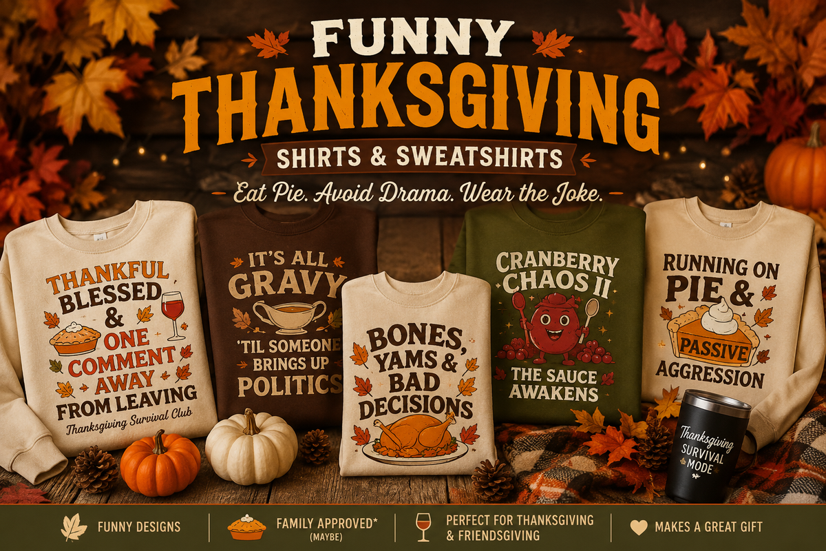 Funny Thanksgiving shirts and sweatshirts collection featuring pie jokes, cranberry sauce humor, Thanksgiving survival designs, fall leaves, pumpkins, and Friendsgiving apparel.