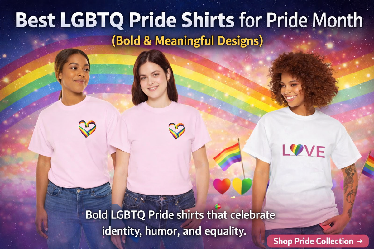 LGBTQ Pride shirts with rainbow heart and LOVE designs for Pride Month collection.