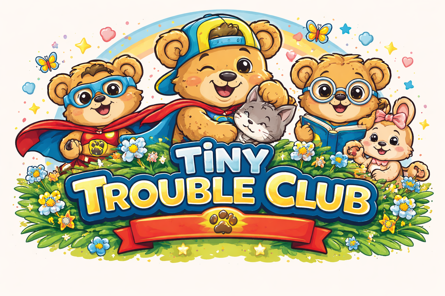 Tiny Trouble Club kids shirts collection featuring Milo the Bear and friends — positive educational graphic tees for toddlers and children.