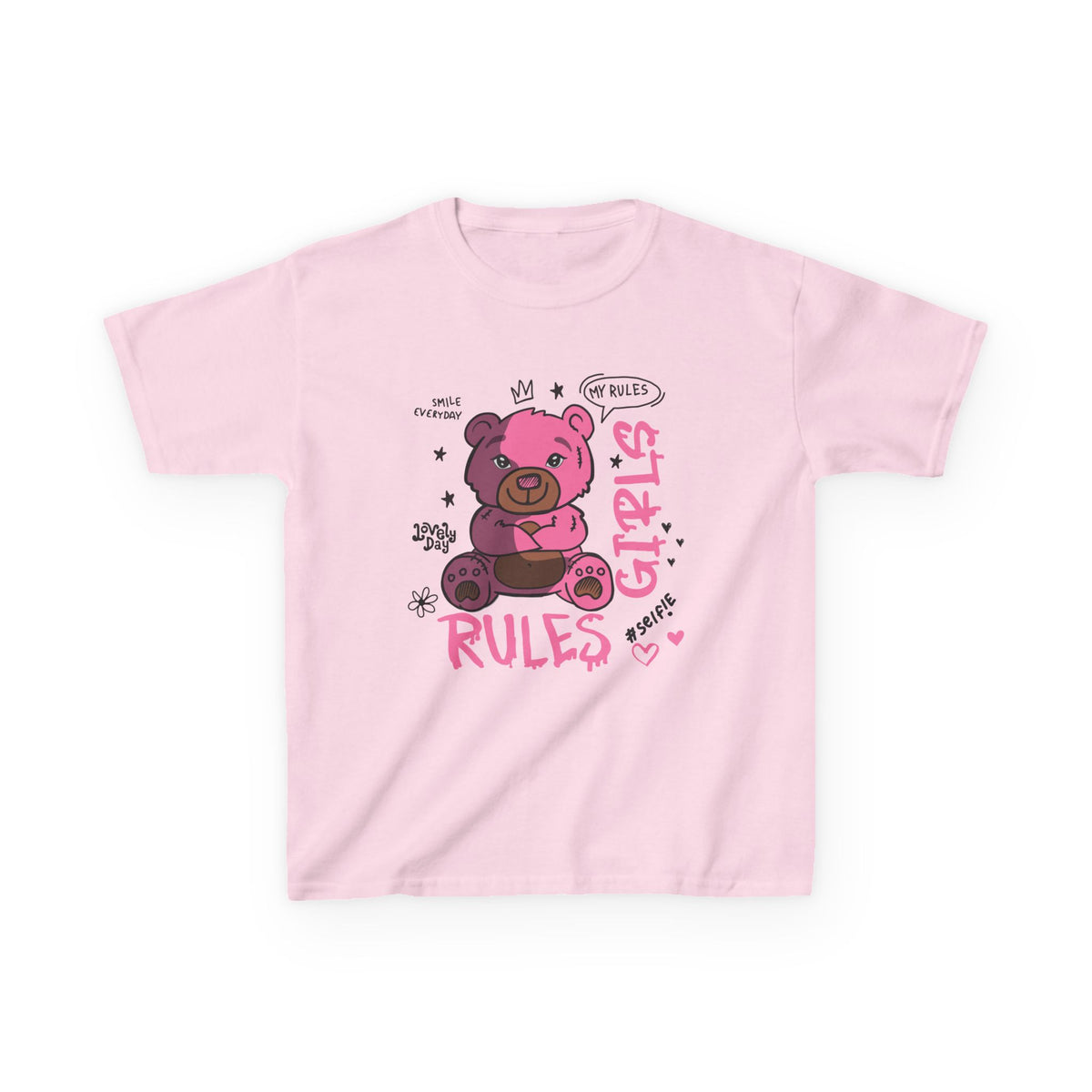 Sassy Cartoon Kids Tee - Girl's Rules Pink Teddy Bear Graphic
