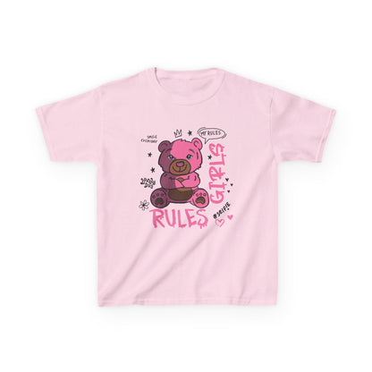 Sassy Cartoon Kids Tee - Girl's Rules Pink Teddy Bear Graphic