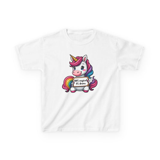 Kids Unicorn Tee — Cute Rainbow Unicorn Holding '100% Magical, 0% Drama