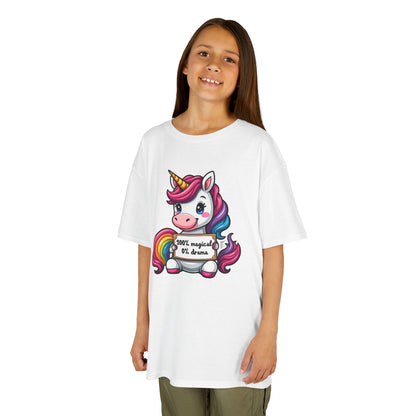 Kids Unicorn Tee — Cute Rainbow Unicorn Holding '100% Magical, 0% Drama