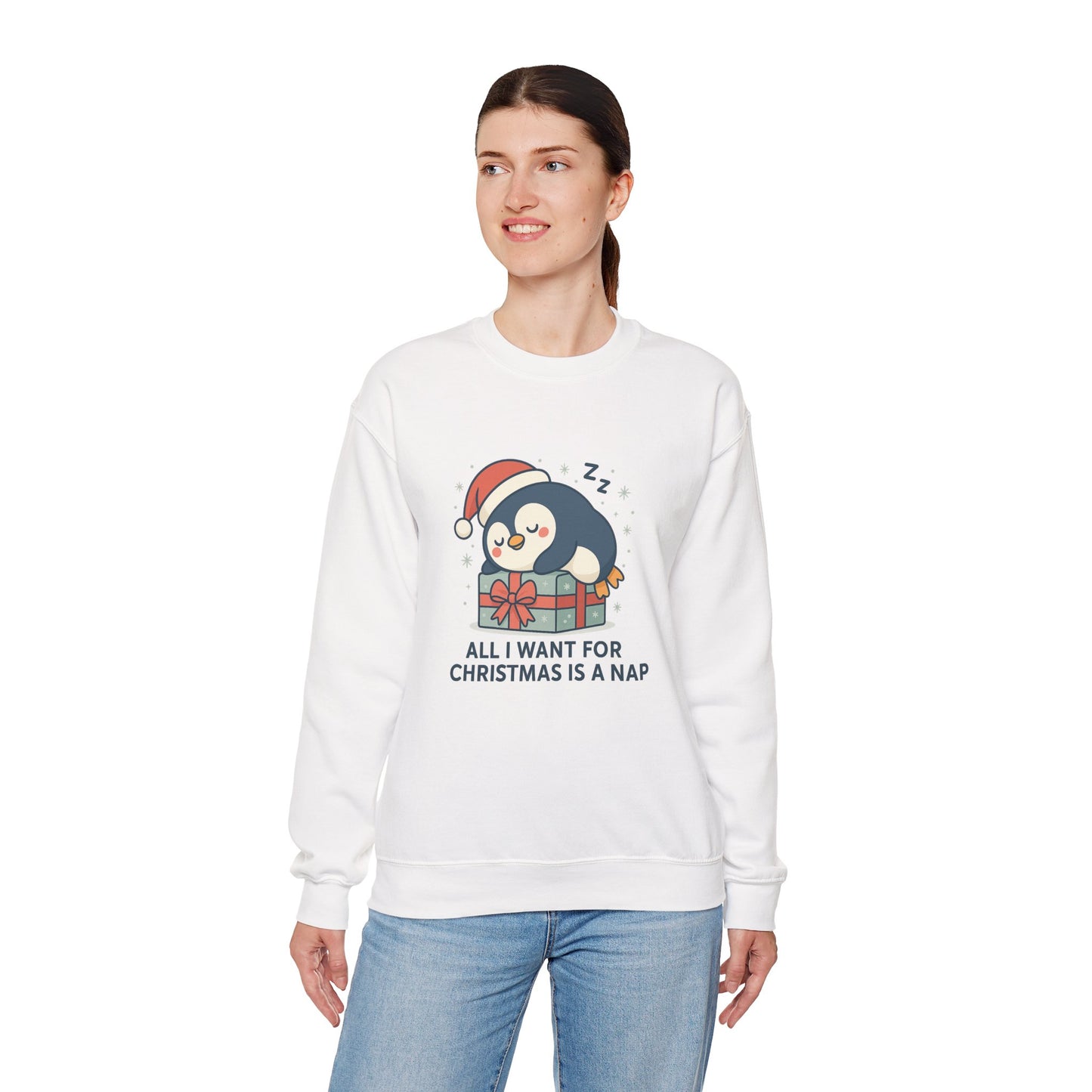 Christmas Penguin Sweatshirt — "All I Want for Christmas Is a Nap" Cozy Holiday Crewneck
