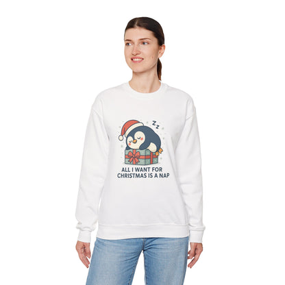 Christmas Penguin Sweatshirt — "All I Want for Christmas Is a Nap" Cozy Holiday Crewneck
