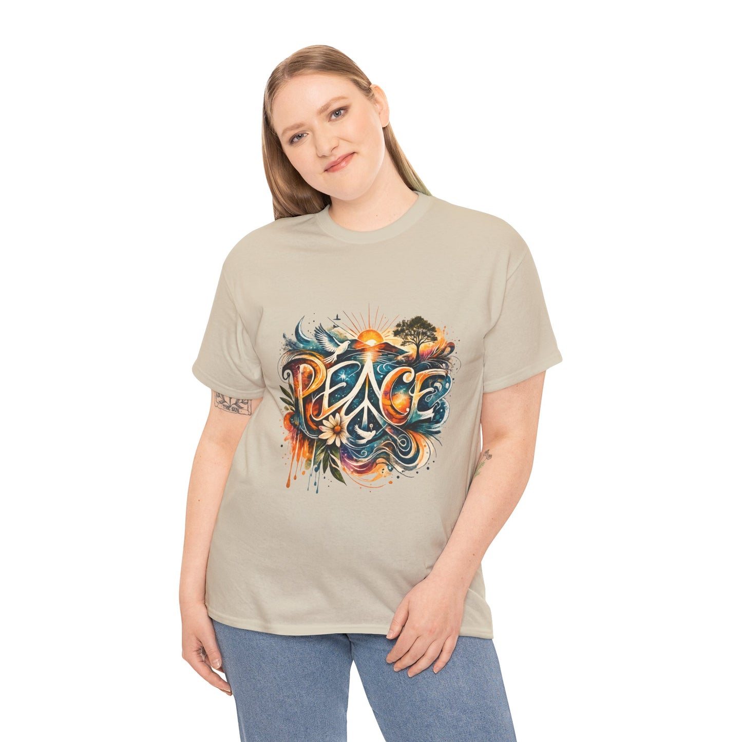 PEACE Watercolor Dove & Sunrise Shirt – Boho Groovy Typography Tee