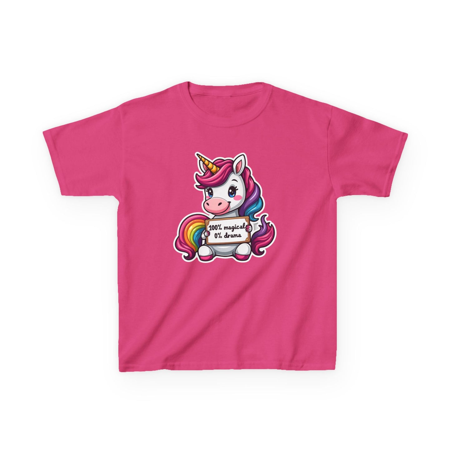Kids Unicorn Tee — Cute Rainbow Unicorn Holding '100% Magical, 0% Drama