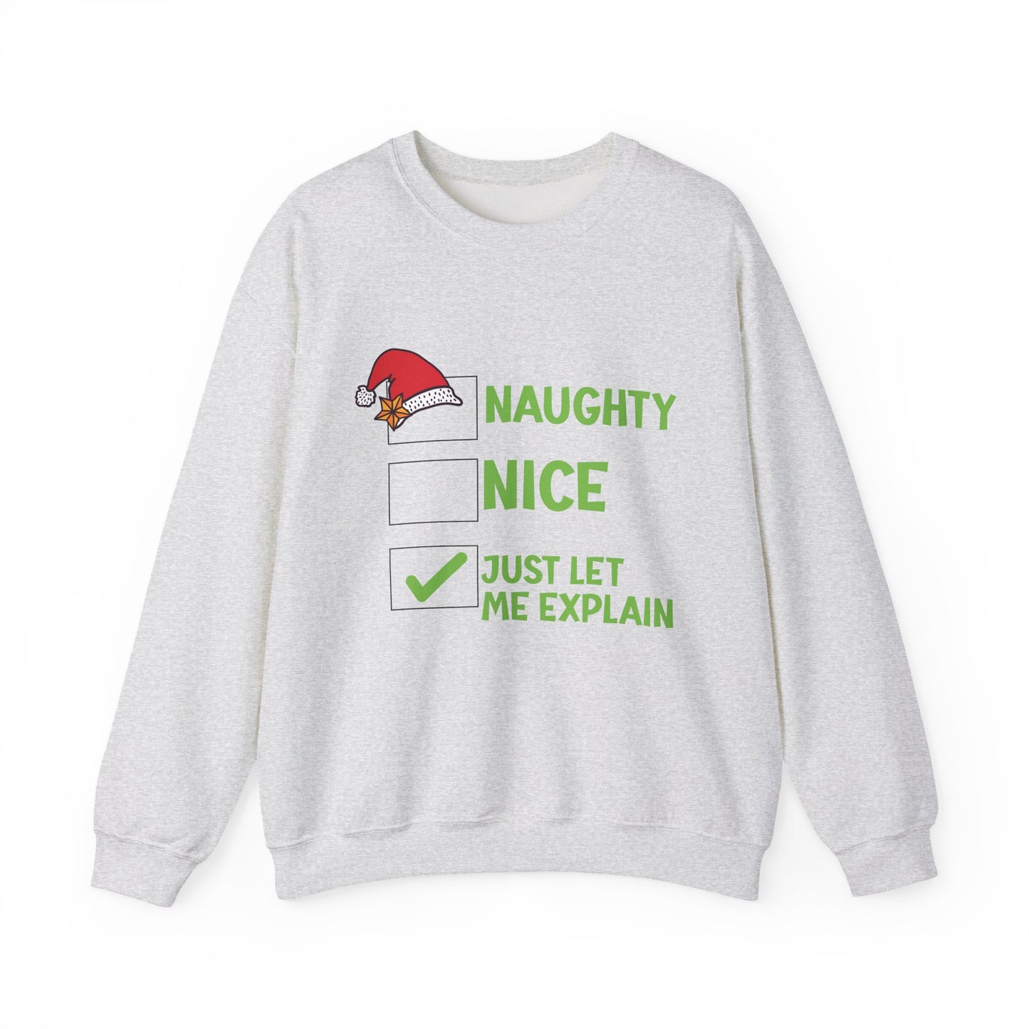 Gray sweatshirt with Christmas-themed text and graphics on a white background