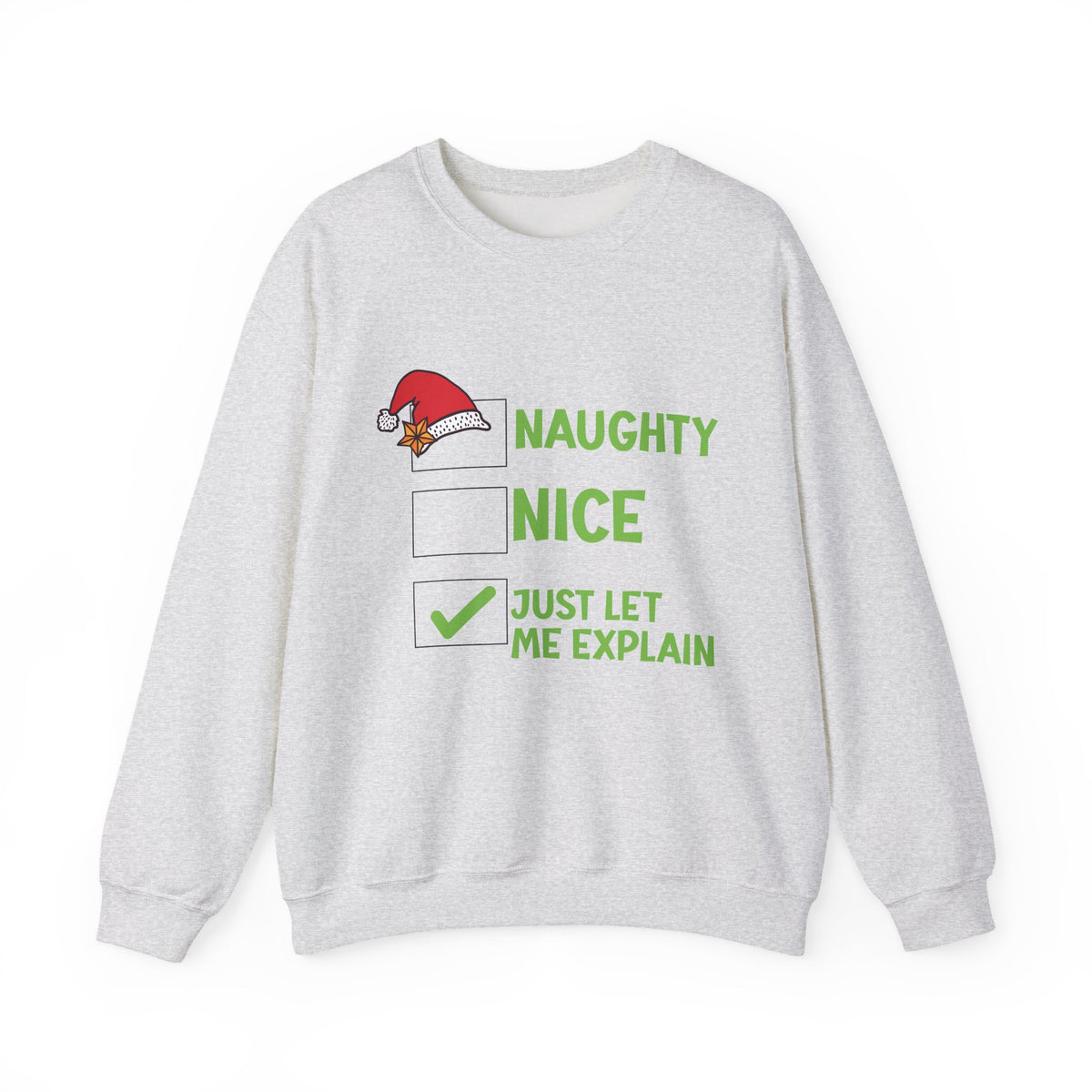 Gray sweatshirt with Christmas-themed text and graphics on a white background