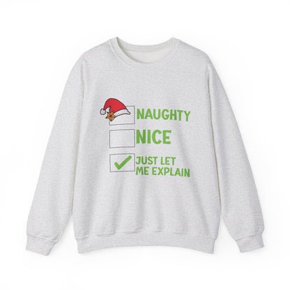 Gray sweatshirt with Christmas-themed text and graphics on a white background