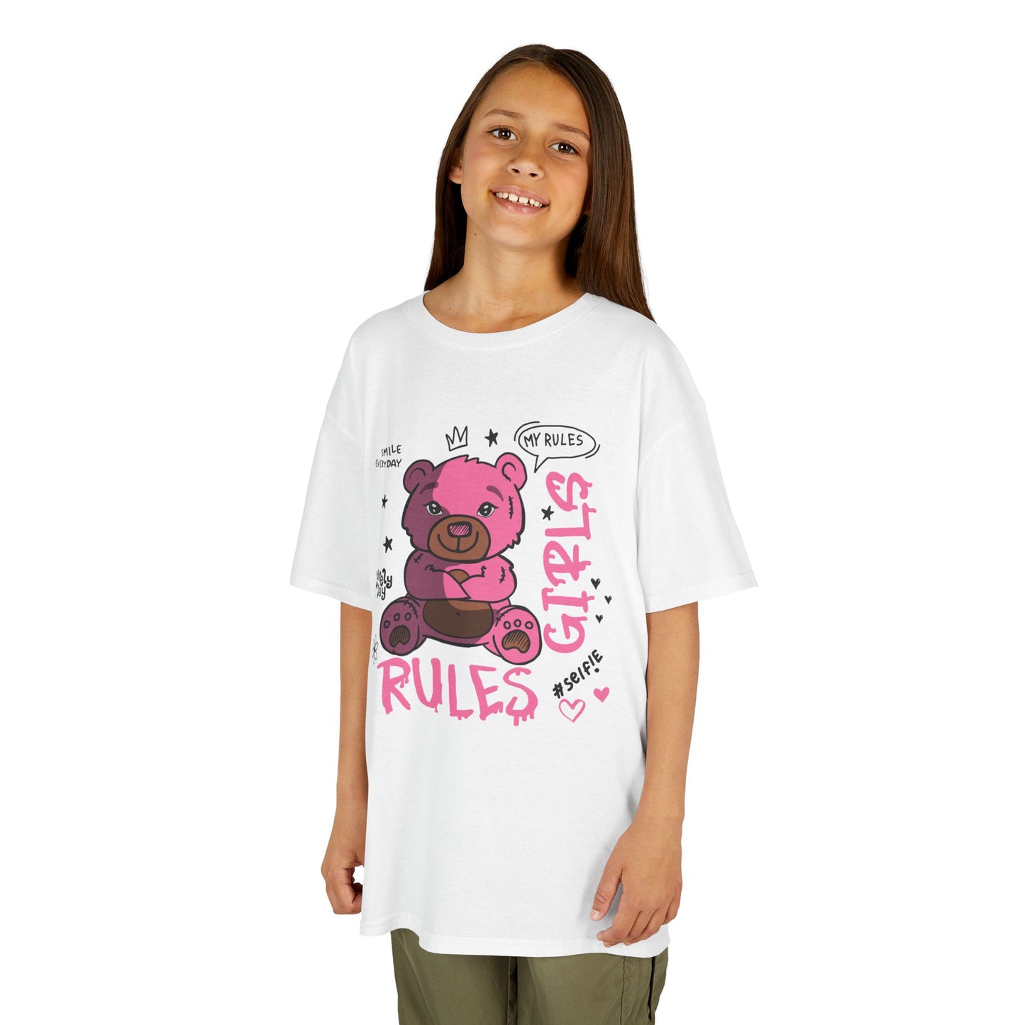 Sassy Cartoon Kids Tee - Girl's Rules Pink Teddy Bear Graphic