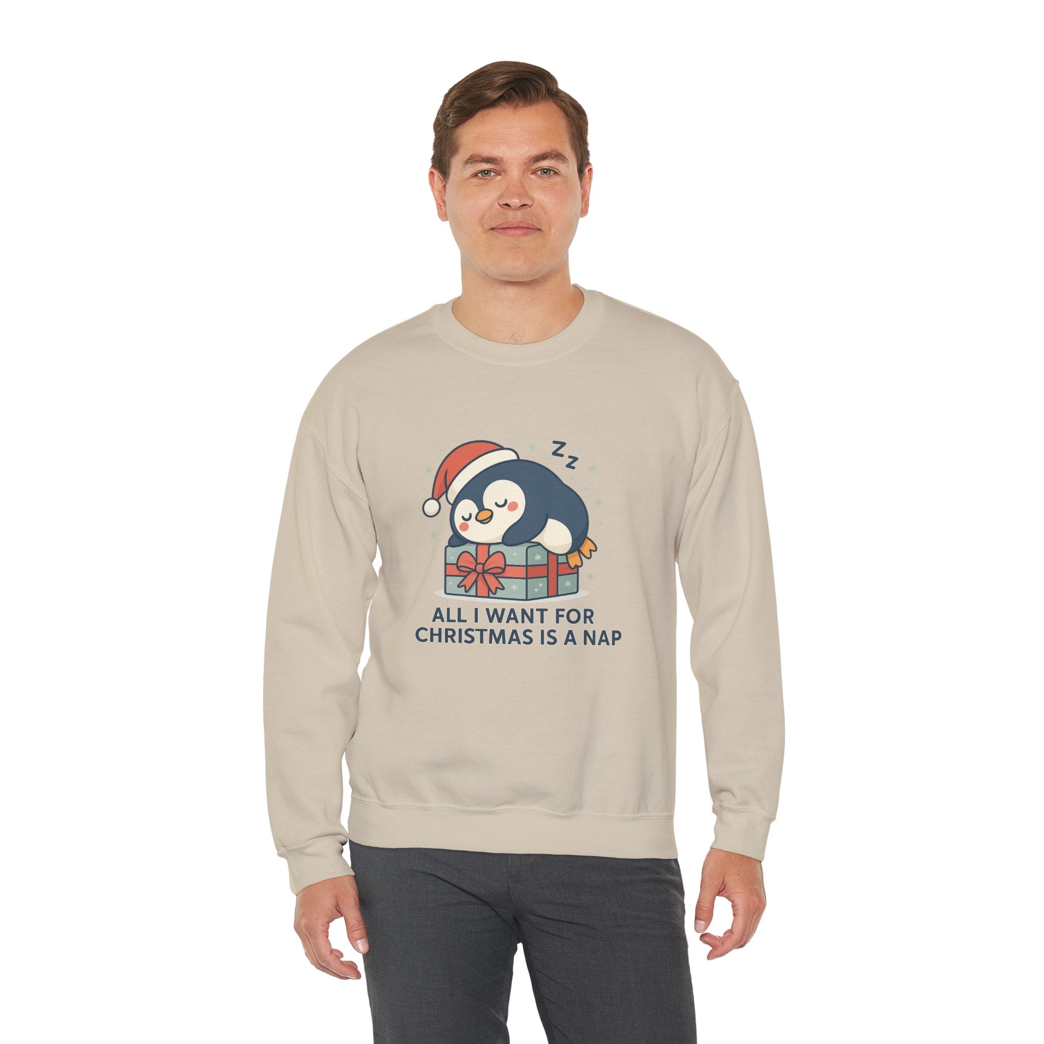Christmas Penguin Sweatshirt — "All I Want for Christmas Is a Nap" Cozy Holiday Crewneck