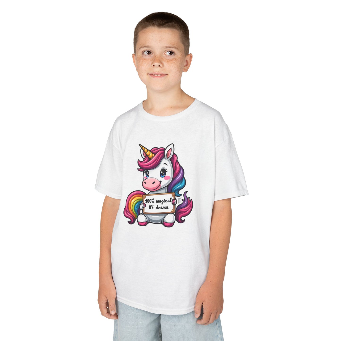 Kids Unicorn Tee — Cute Rainbow Unicorn Holding '100% Magical, 0% Drama