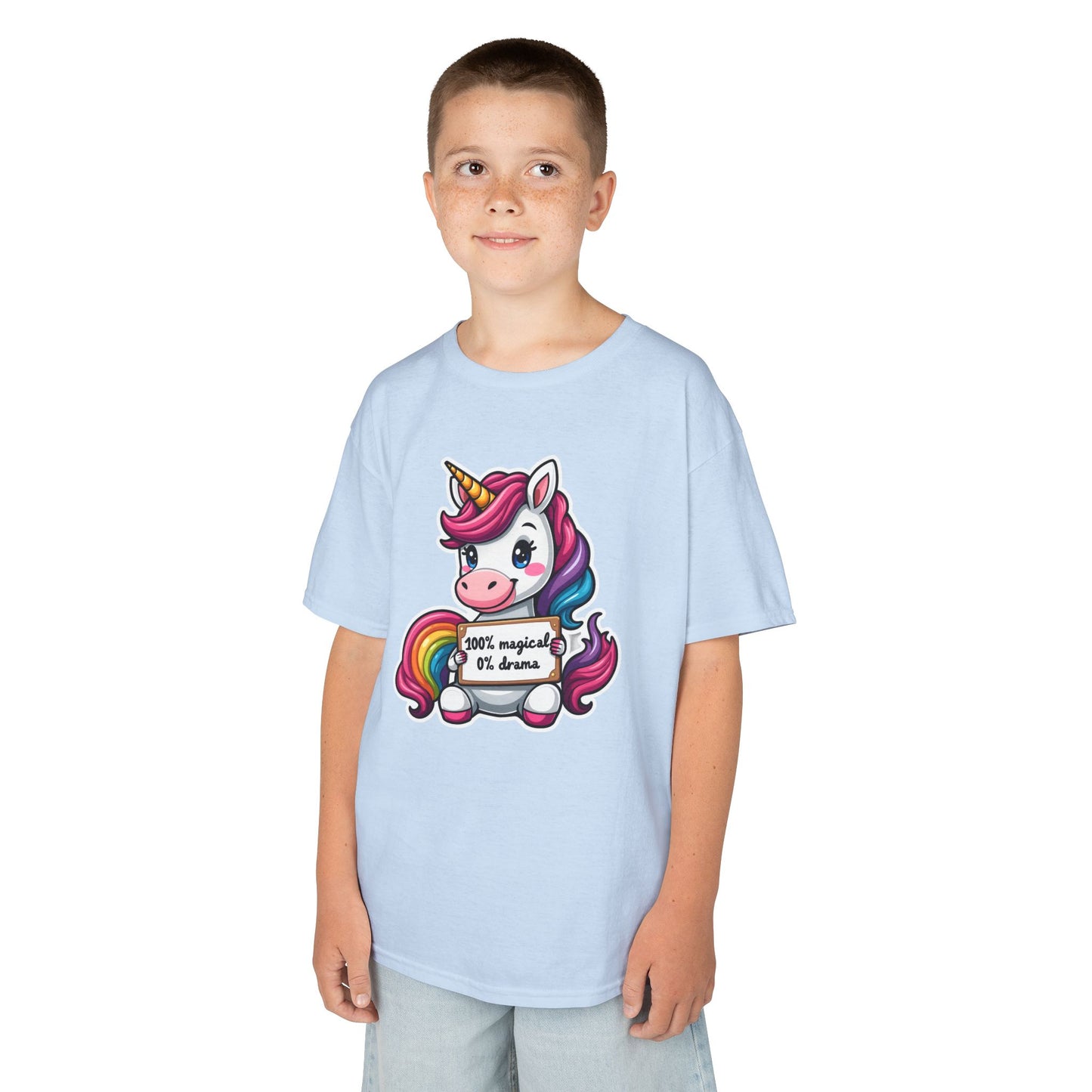 Kids Unicorn Tee — Cute Rainbow Unicorn Holding '100% Magical, 0% Drama