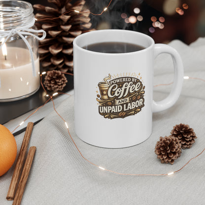 Coffee Mug — “Powered by Coffee and Unpaid Labor” 11oz