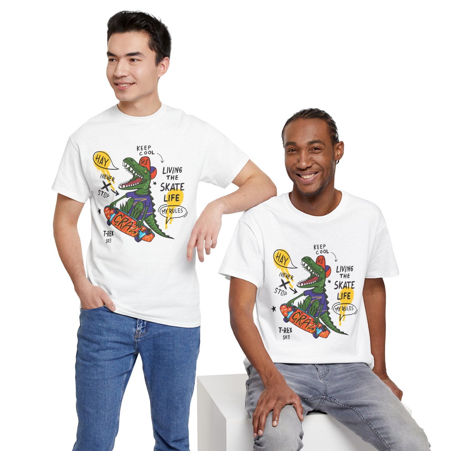 Dinosaur Skateboard T-Shirt – “Living the Skate Life” Graphic Tee