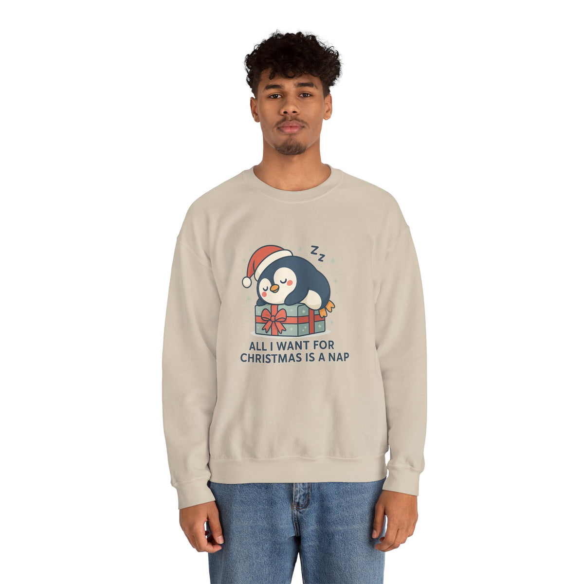 Christmas Penguin Sweatshirt — "All I Want for Christmas Is a Nap" Cozy Holiday Crewneck