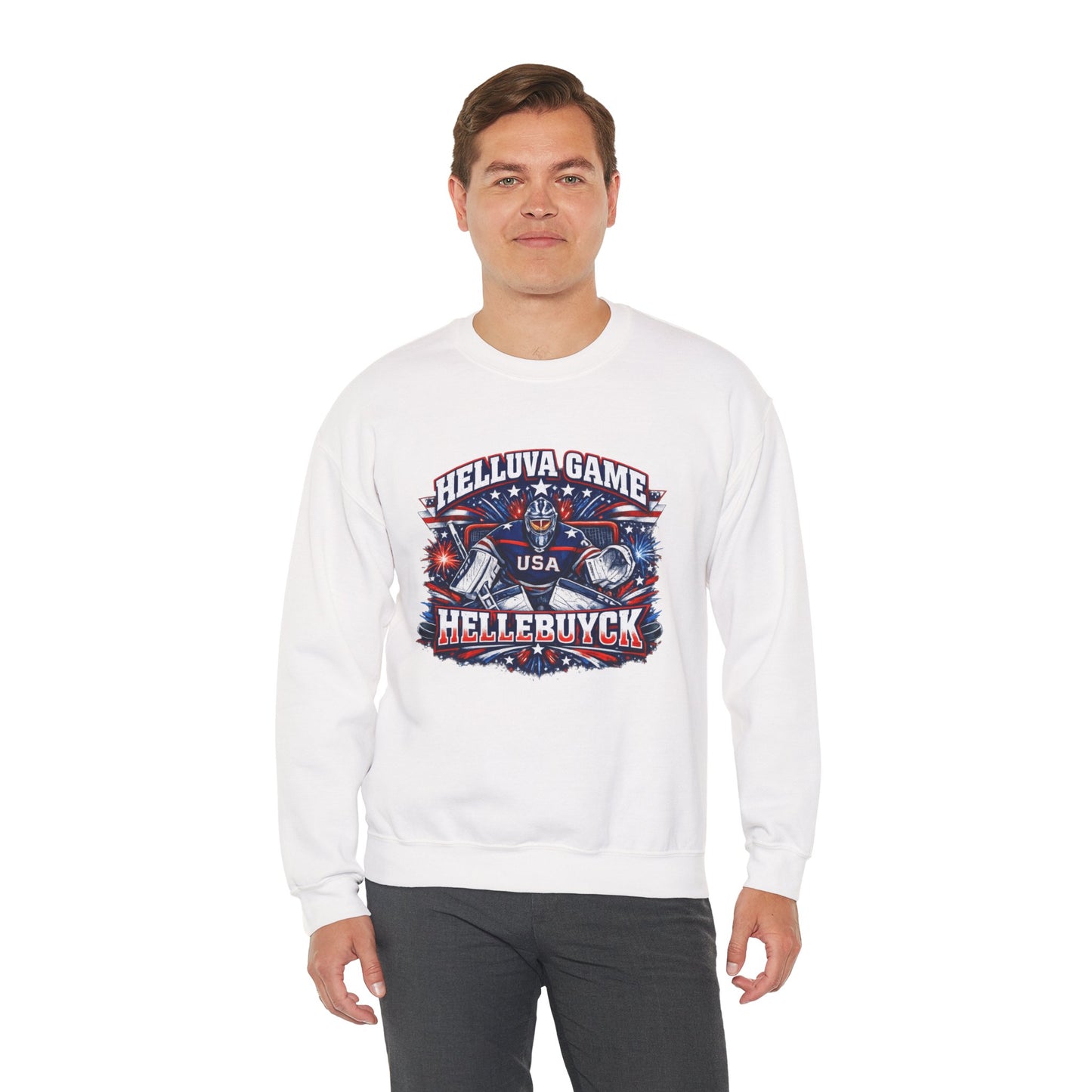HelluVa Game Hellebuyck Sweatshirt – Red White & Blue Hockey Fan Sweatshirt