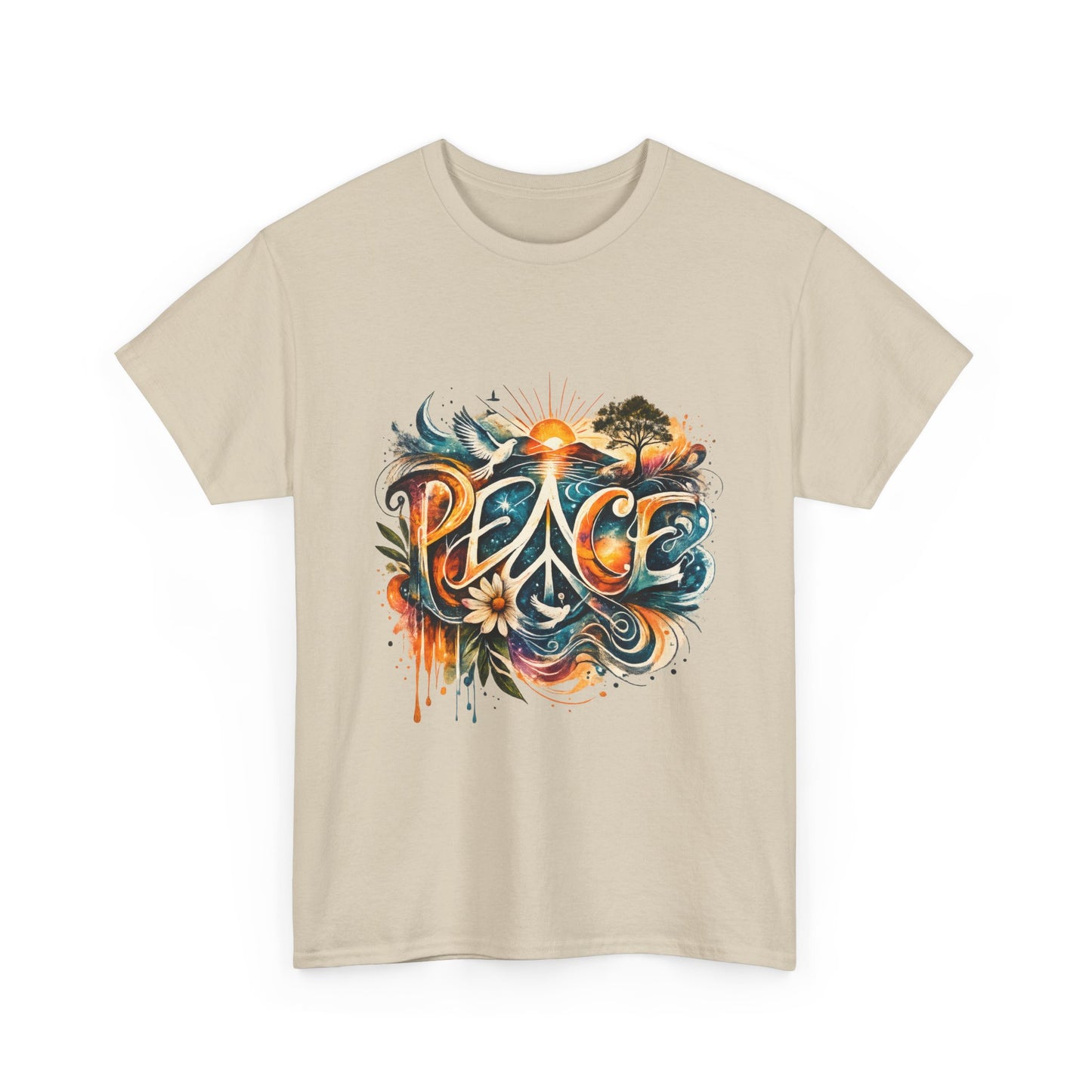 PEACE Watercolor Dove & Sunrise Shirt – Boho Groovy Typography Tee