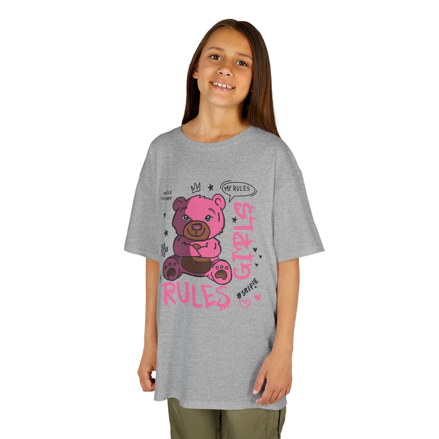Sassy Cartoon Kids Tee - Girl's Rules Pink Teddy Bear Graphic