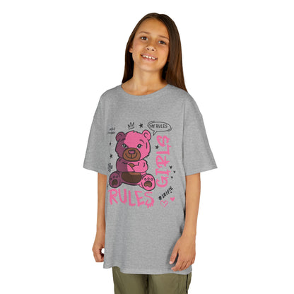 Sassy Cartoon Kids Tee - Girl's Rules Pink Teddy Bear Graphic