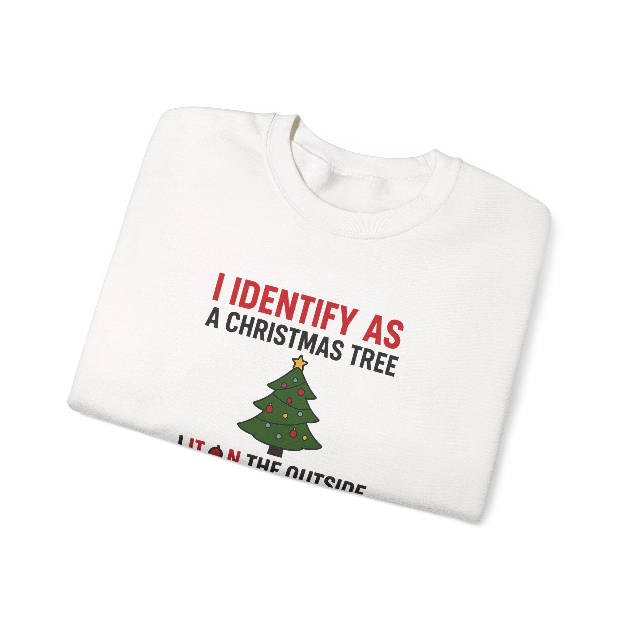 folded Funny Christmas Tree Identity holiday sweatshirt with retro graphic and humorous Christmas quote, DJ’s Giggle Wear.