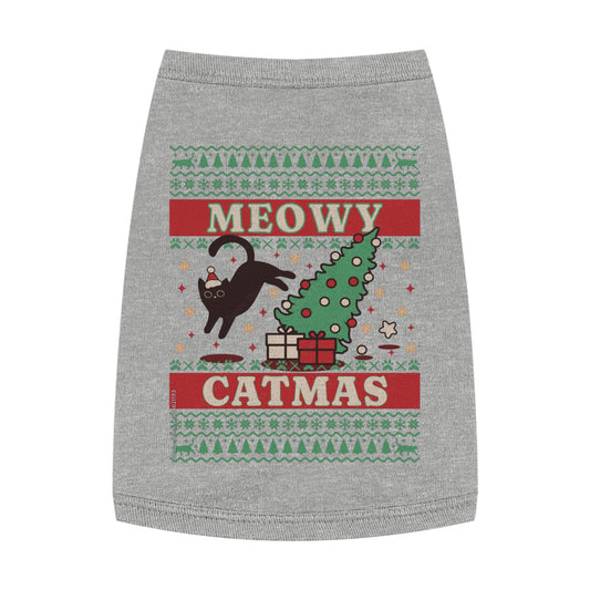 Meowy Catmas Pet Tank Top – Funny Christmas Cat/Dog Shirt for Pets