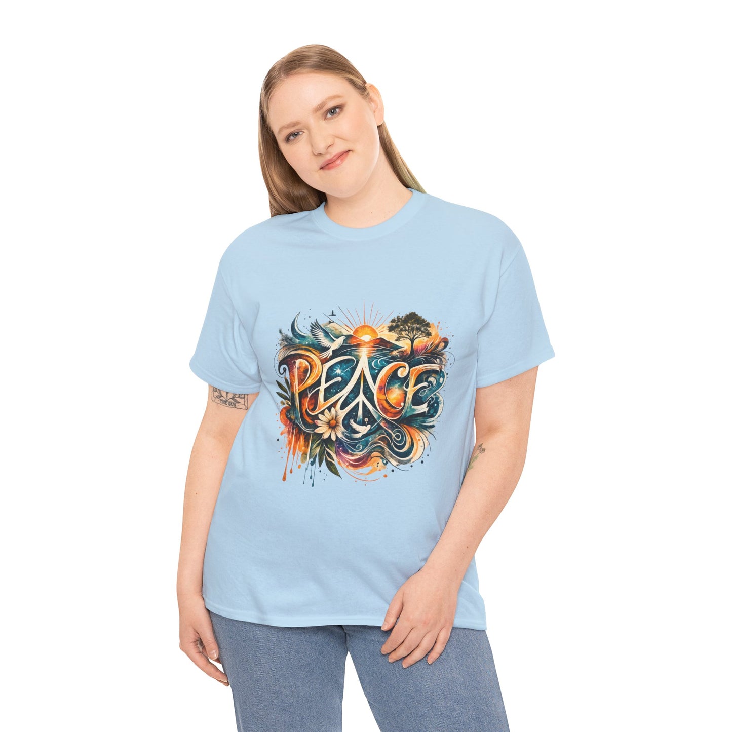 PEACE Watercolor Dove & Sunrise Shirt – Boho Groovy Typography Tee