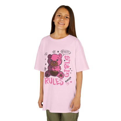 Sassy Cartoon Kids Tee - Girl's Rules Pink Teddy Bear Graphic