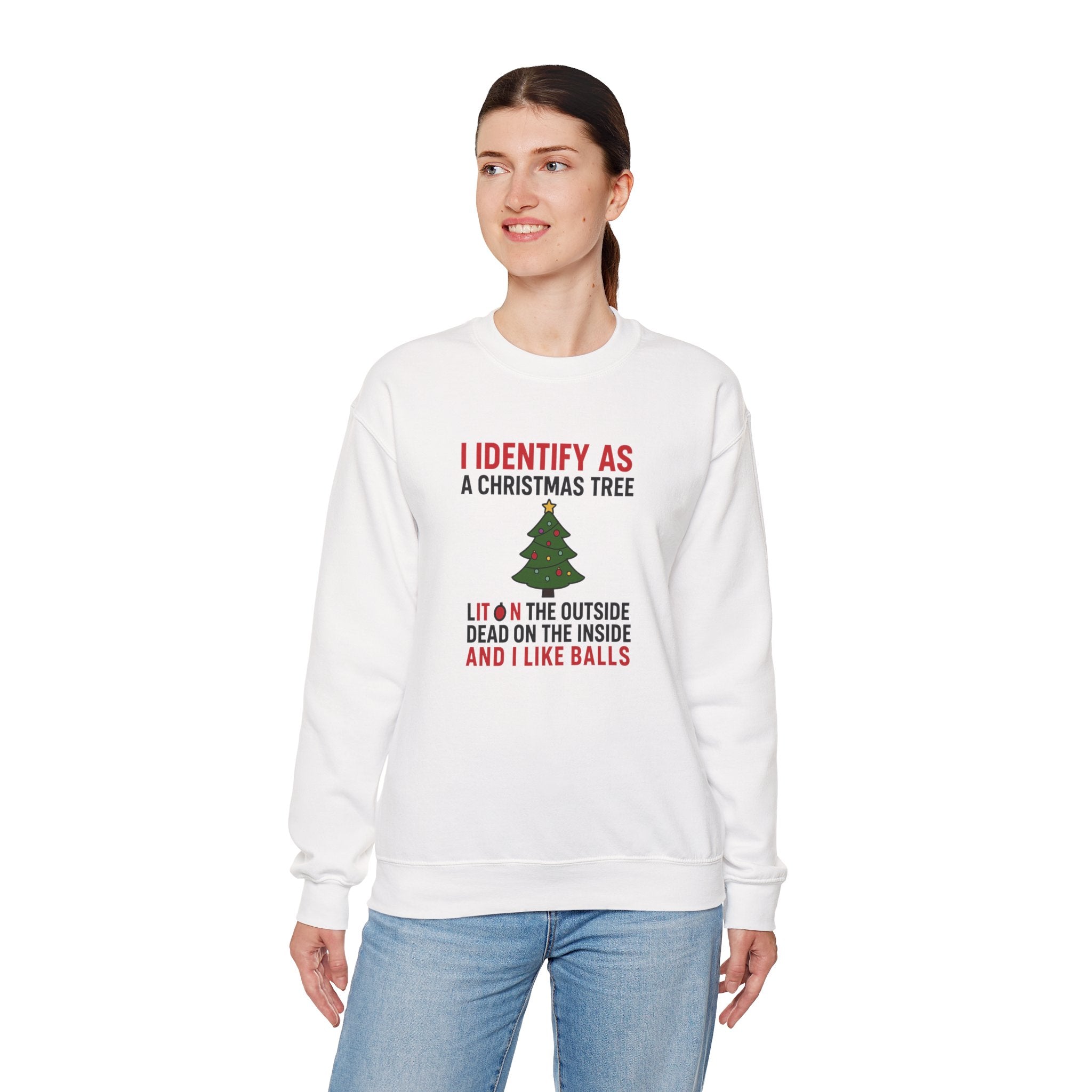 Female model wearing Funny Christmas Tree Identity holiday sweatshirt with the text ‘Lit on the Outside, Dead on the Inside,’ humorous Christmas graphic pullover by DJ’s Giggle Wear.