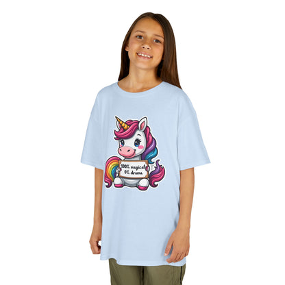 Kids Unicorn Tee — Cute Rainbow Unicorn Holding '100% Magical, 0% Drama
